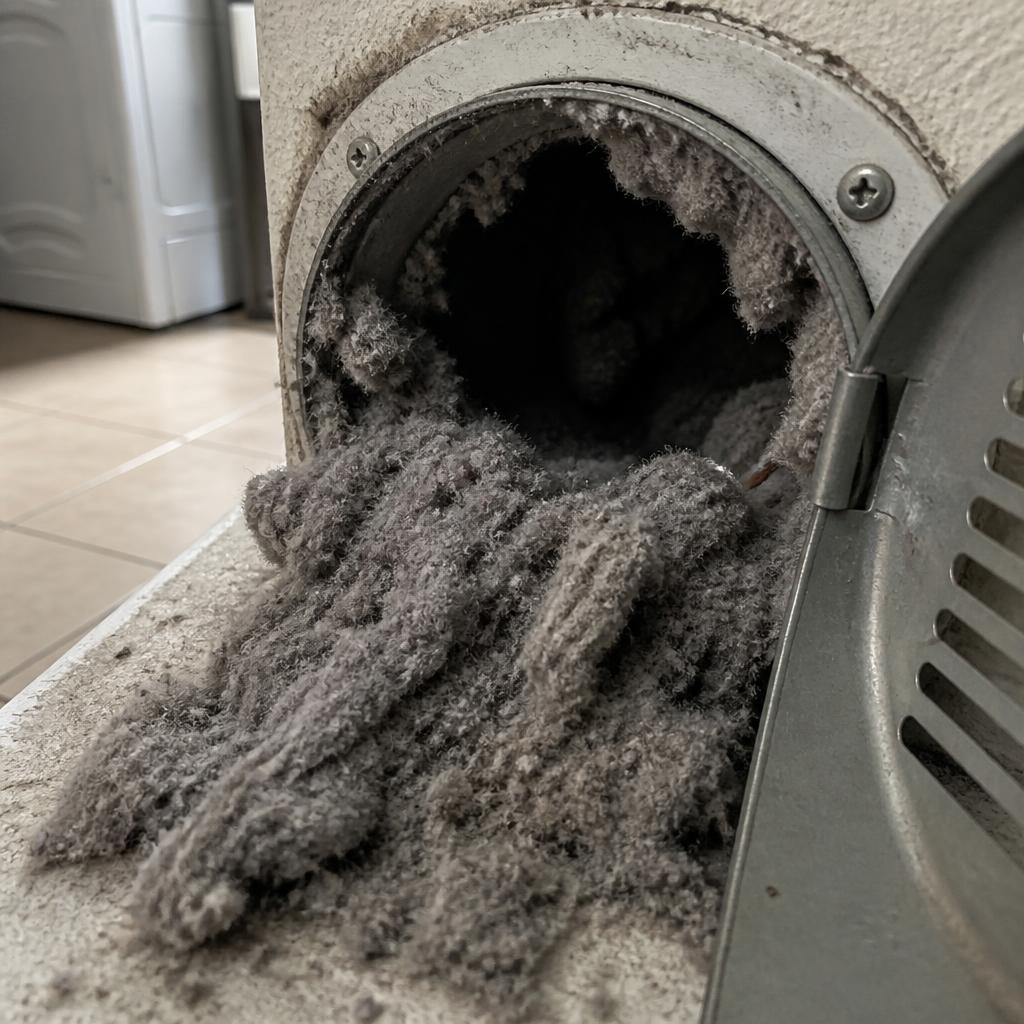 Clogged dryer vent full of lint buildup before professional cleaning